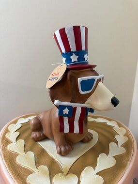 Stars & Stripes 4th of July Patriotic Resin Dachshund with Tophat & Sunglasses